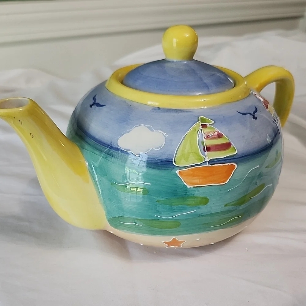 Vibrant Yellow and Blue Ceramic Art Teapot - Picture 5 of 11
